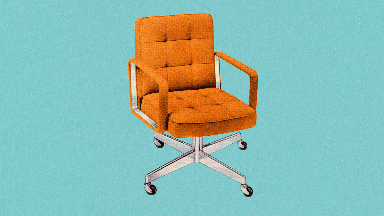 A 60s style chair with orange upholstery sits on a blue background