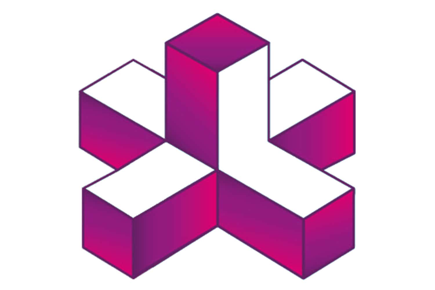 Magenta colour three dimensional cross logo.