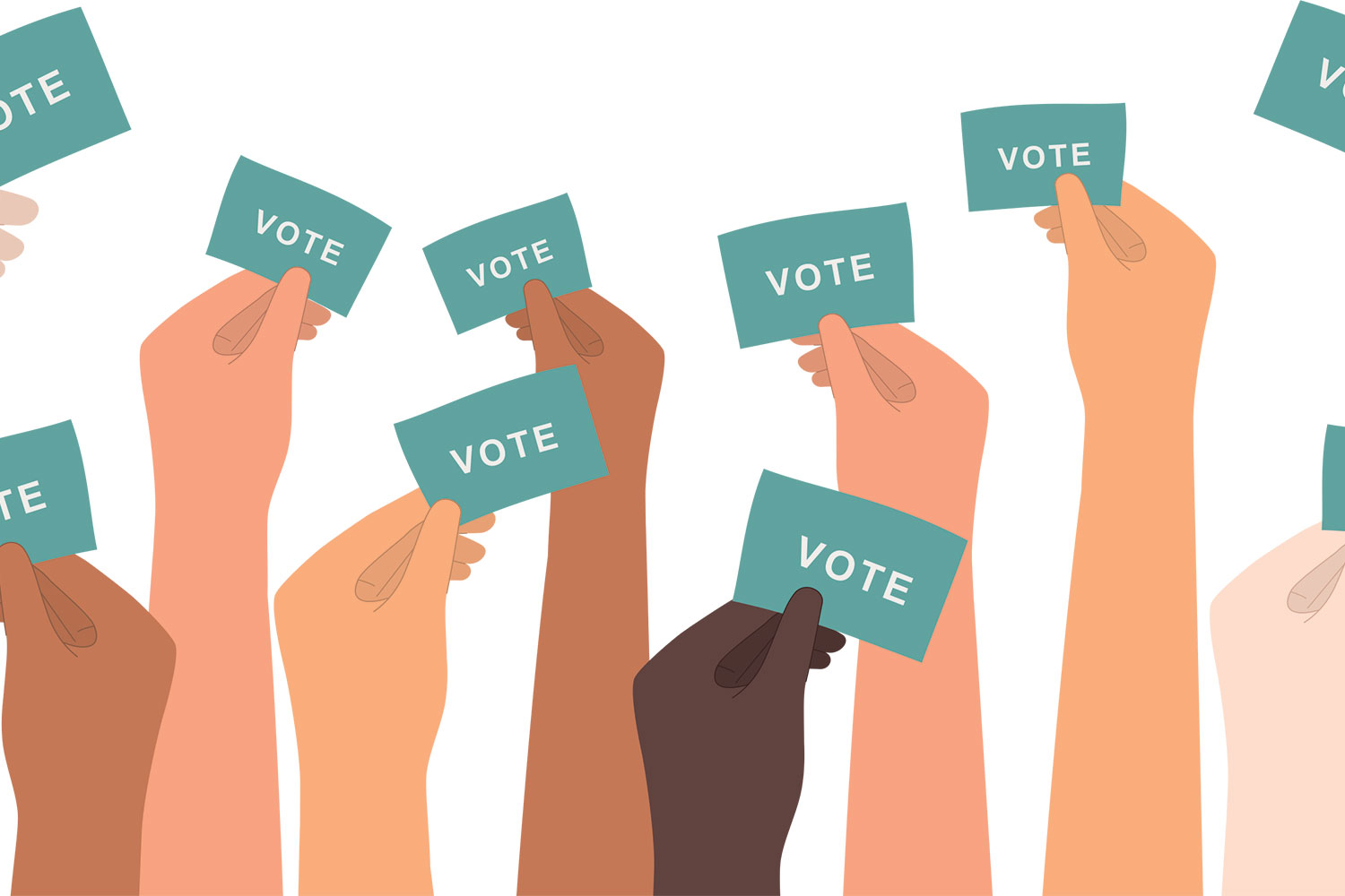 graphic of hands holding up cards saying ‘vote’