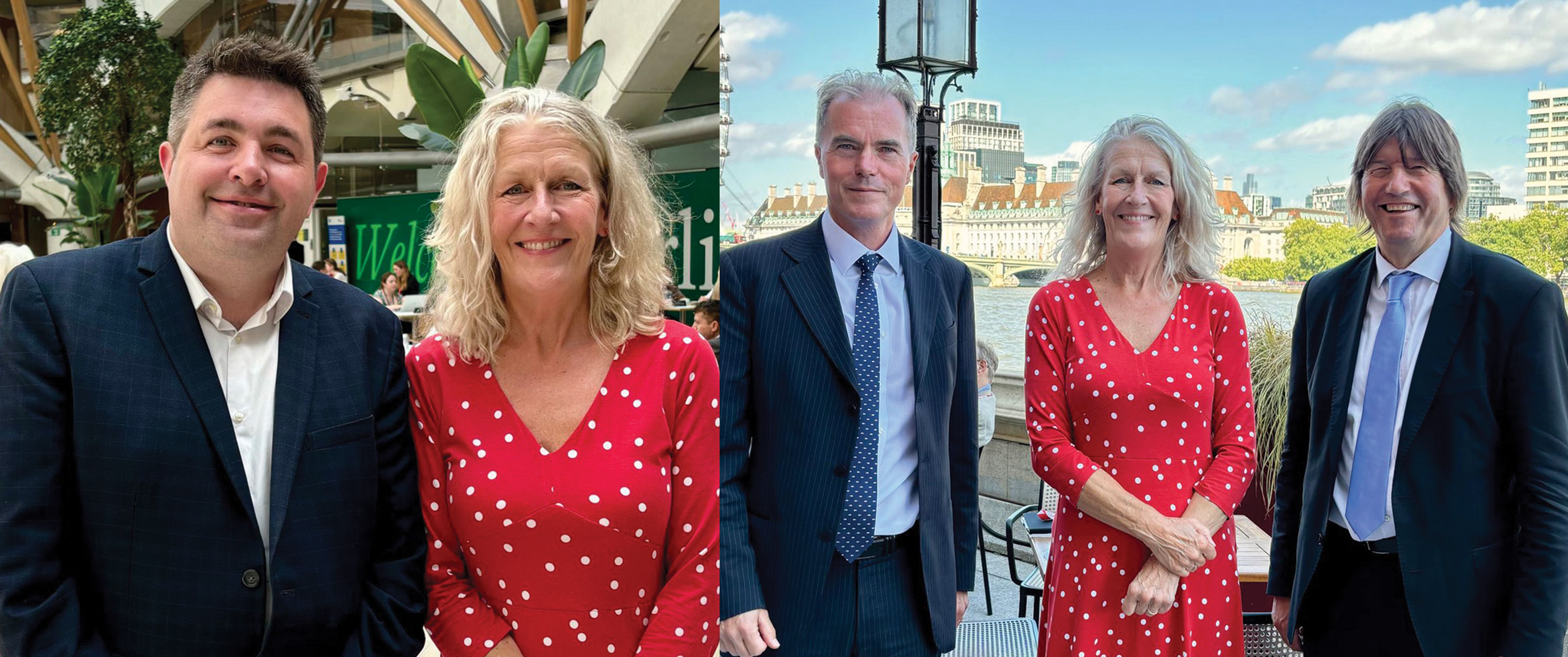 photos of LGA Chair Cllr Louise Gittins with her predecessor Cllr Shaun Davies MP, and with Conservative former LGA Chairmen Lord James Jamieson OBE and Lord Gary Porter CBE