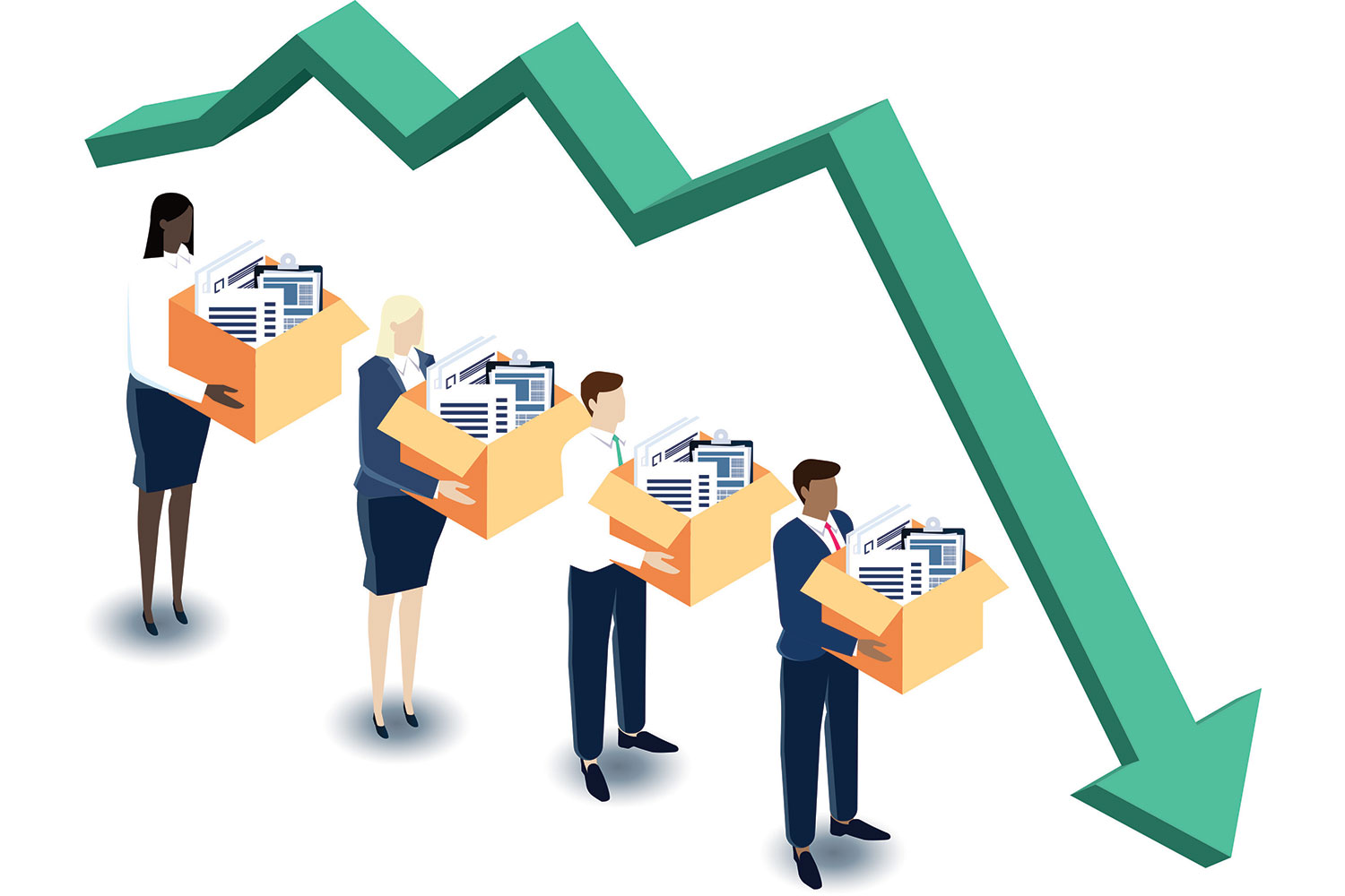 graphic of row of four human figures holding boxes of votes beneath a downward sloping arrow