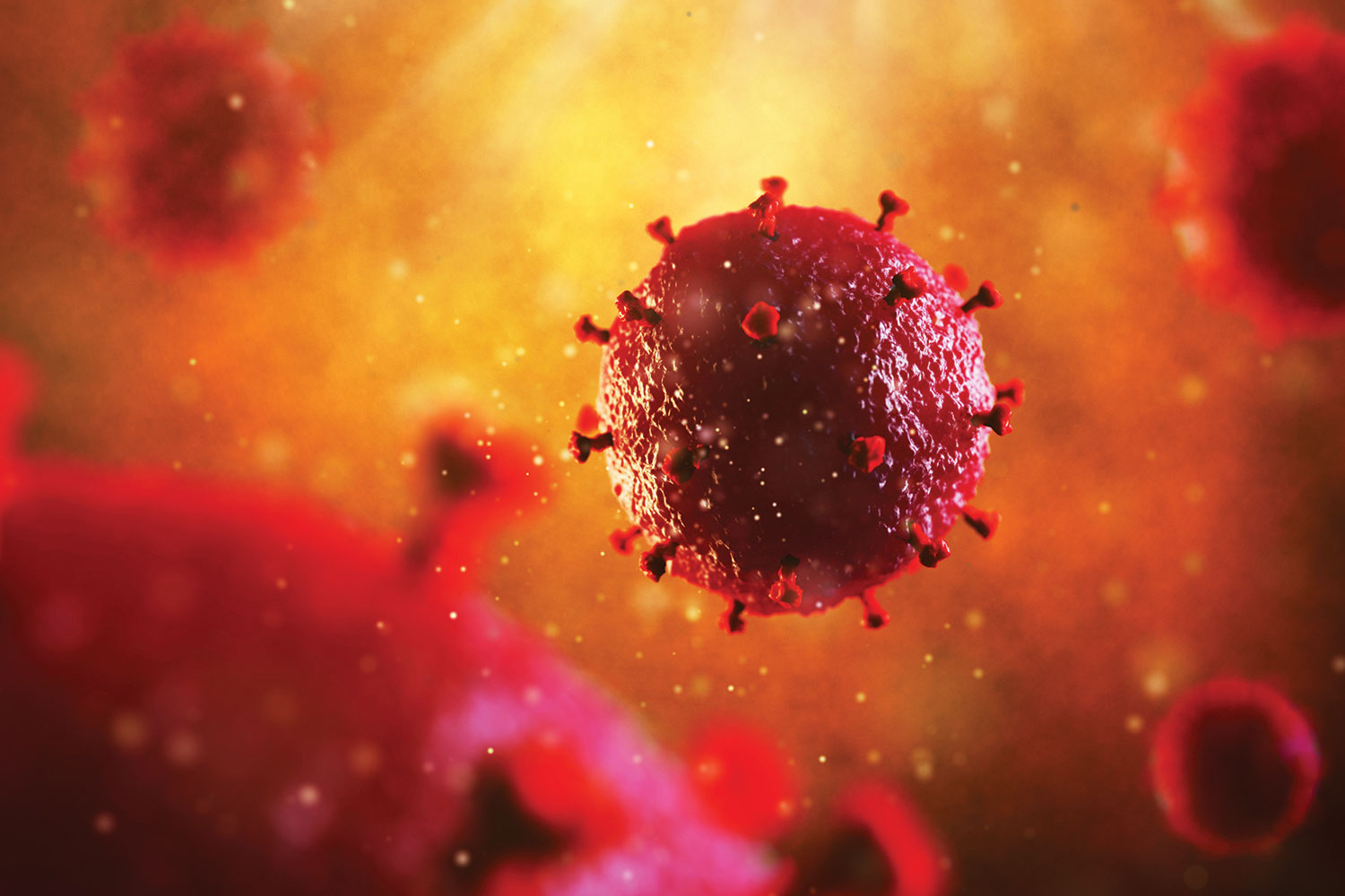 photo of red HIV cell floating against backdrop of other cells