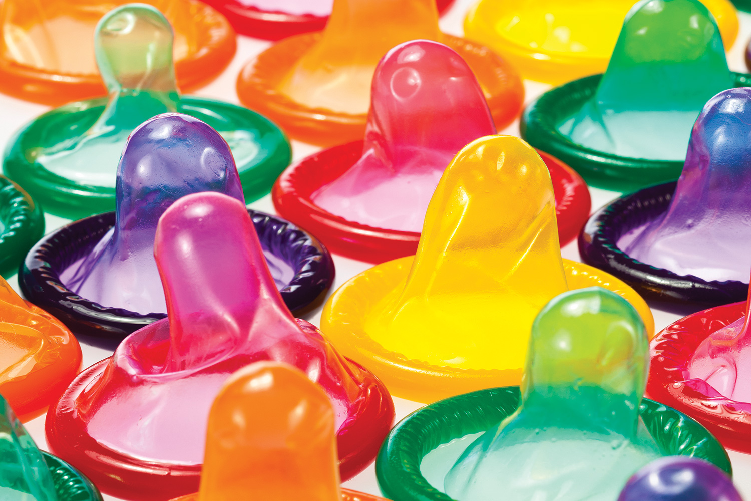 close-up of multi-coloured condoms